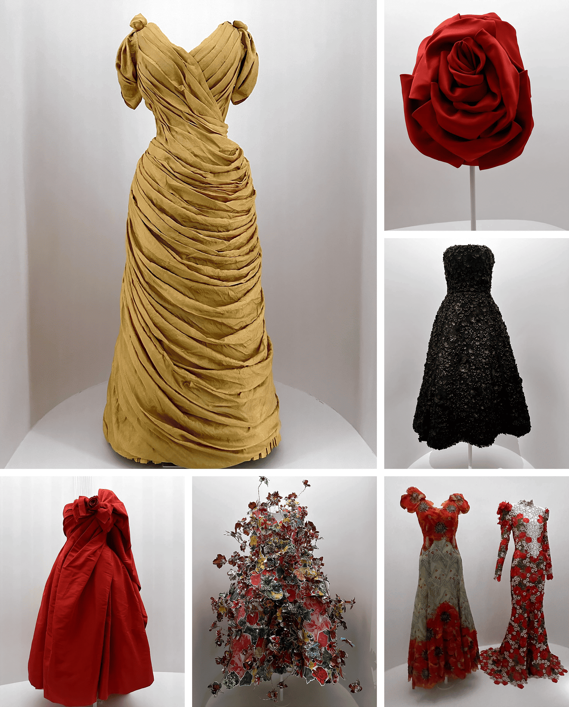 Collage of couture gowns in a museum exhibit: a draped gold gown, a red rose sculpture, black and red dresses, and a floral piece