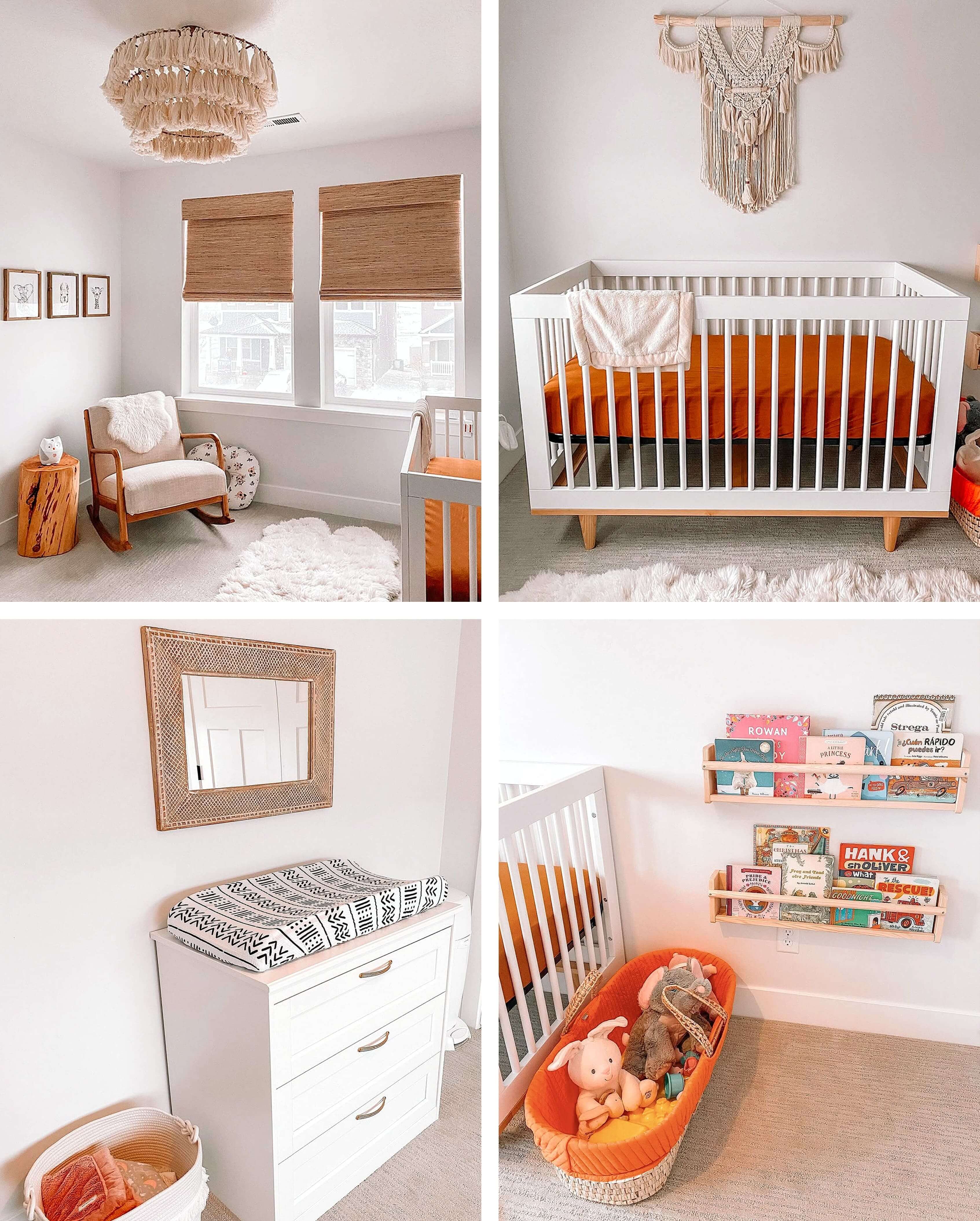 Four views of a nursery Bre designed, with a macramé wall hanging, woven shades, a rocking chair and a white crib with rust-orange bedding