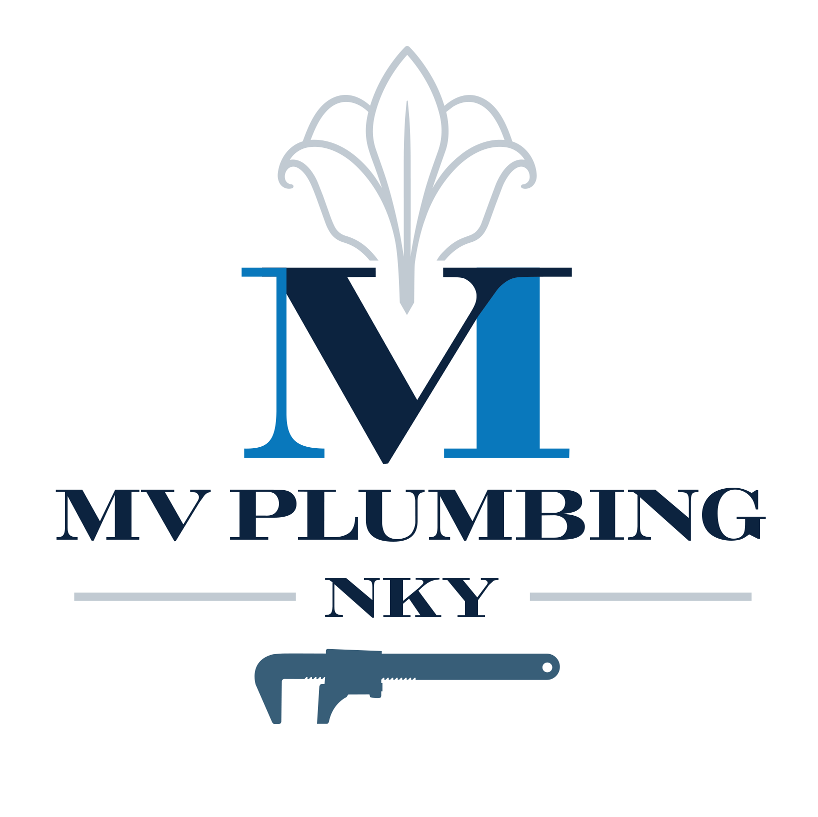 Logo with large M and blue fleur-de-lis above MV Plumbing NKY and a pipe wrench below.
