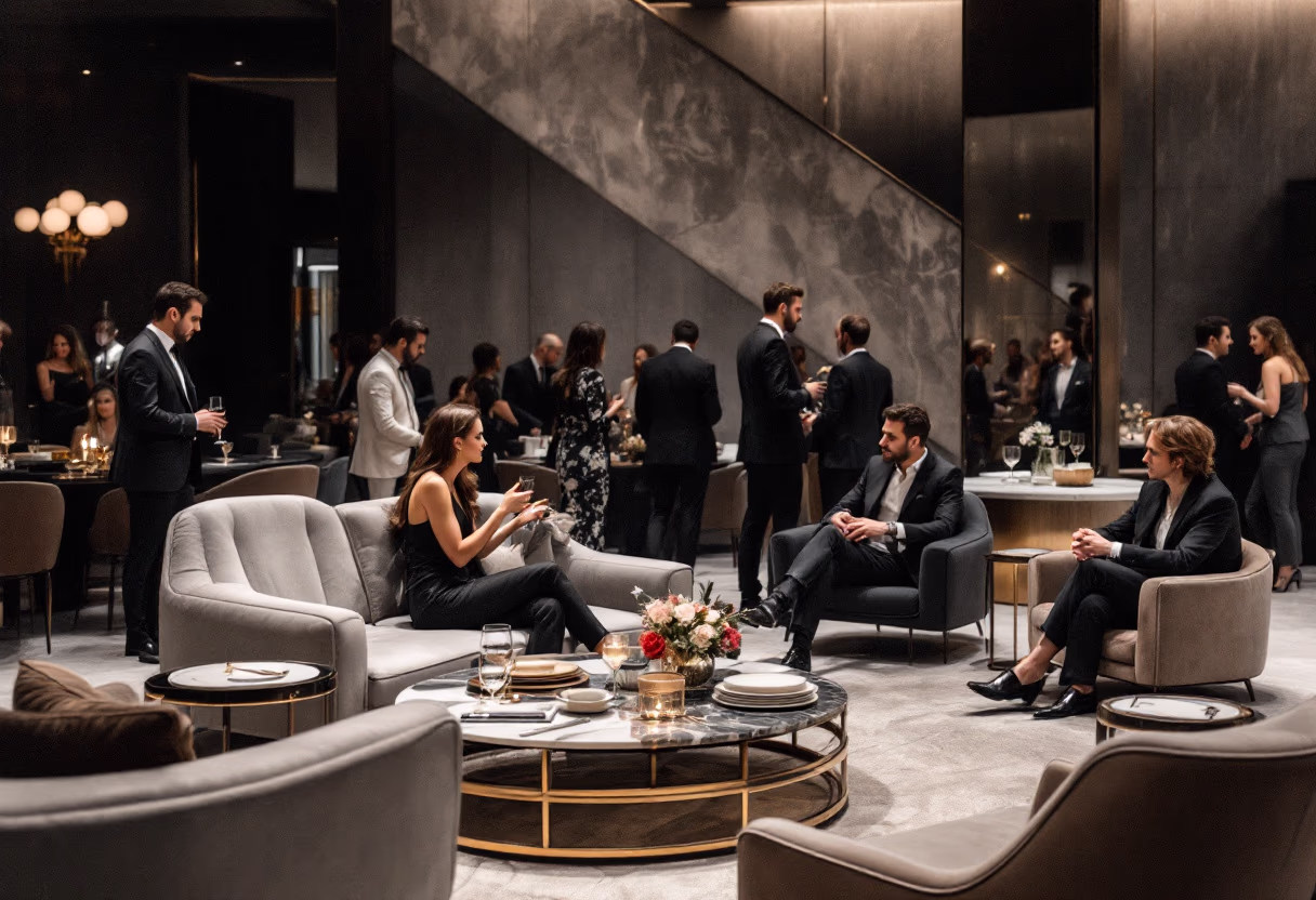 Guests mingling at a networking reception