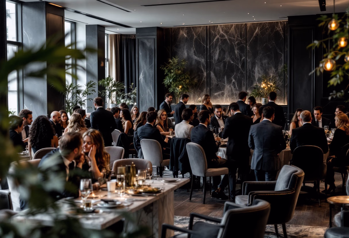 Guests networking at a social reception