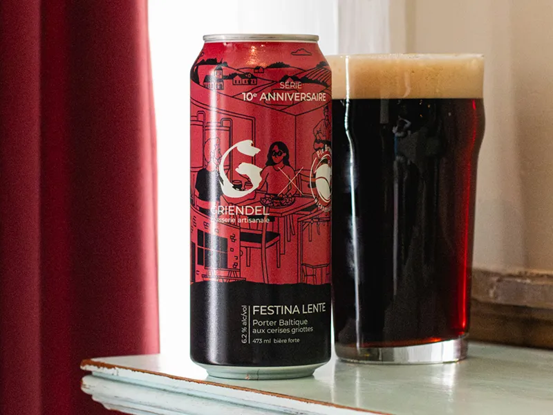 Canette de bière Griendel conçue par Alex Boisvert avec une pinte pleine