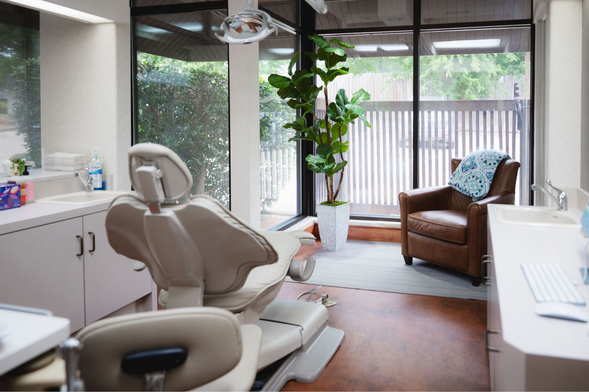 Dental treatment room at Greene & Ratcliff with a patient chair, window seating, and houseplant.