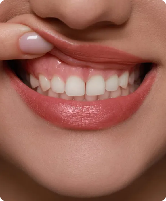 Close-up of a smiling mouth with lips pulled to show the upper front teeth and gums.