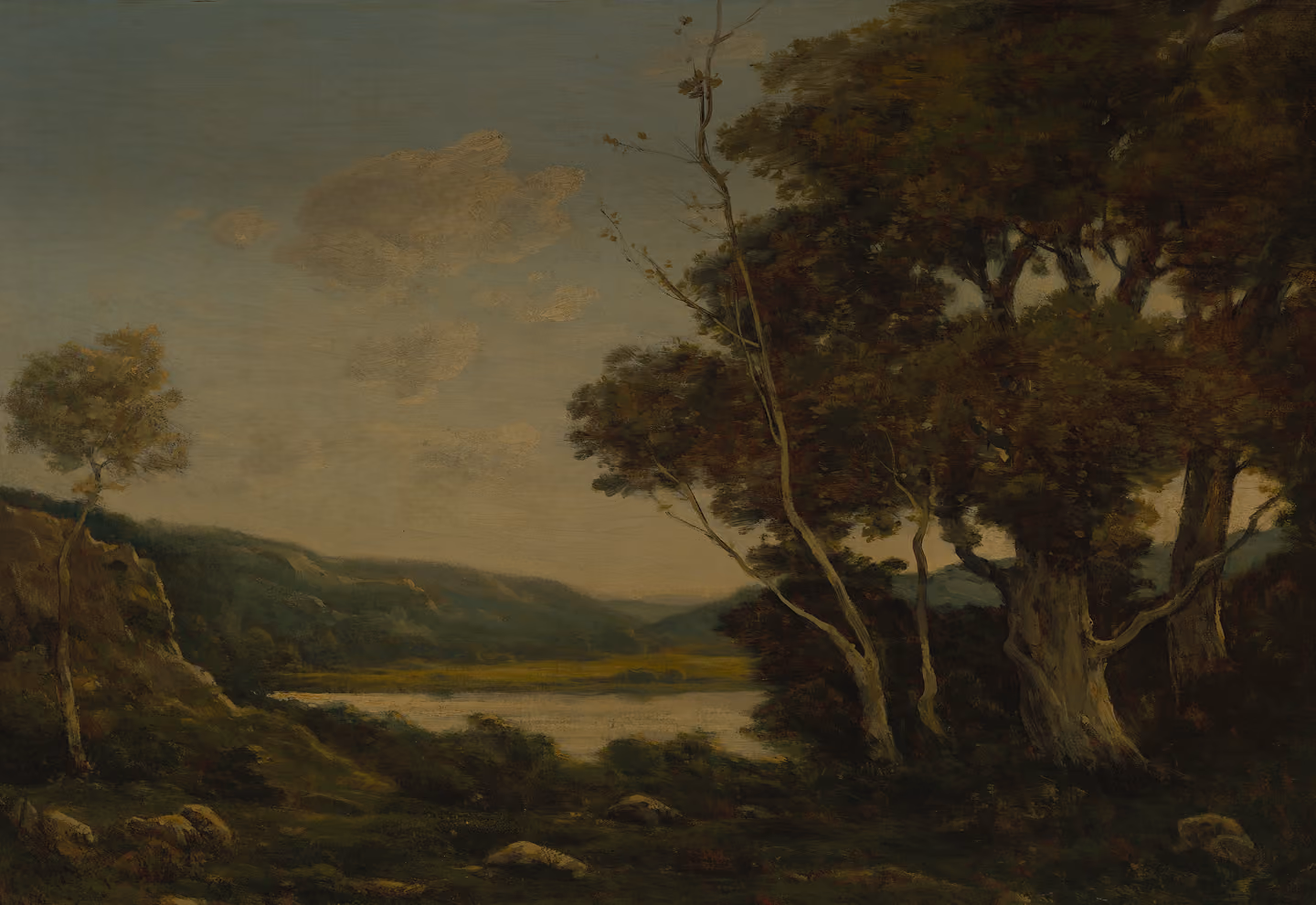 A painted landscape showing a tranquil scene with a few trees in the foreground, a reflective river flowing through a valley, and hills under a partly cloudy sky.