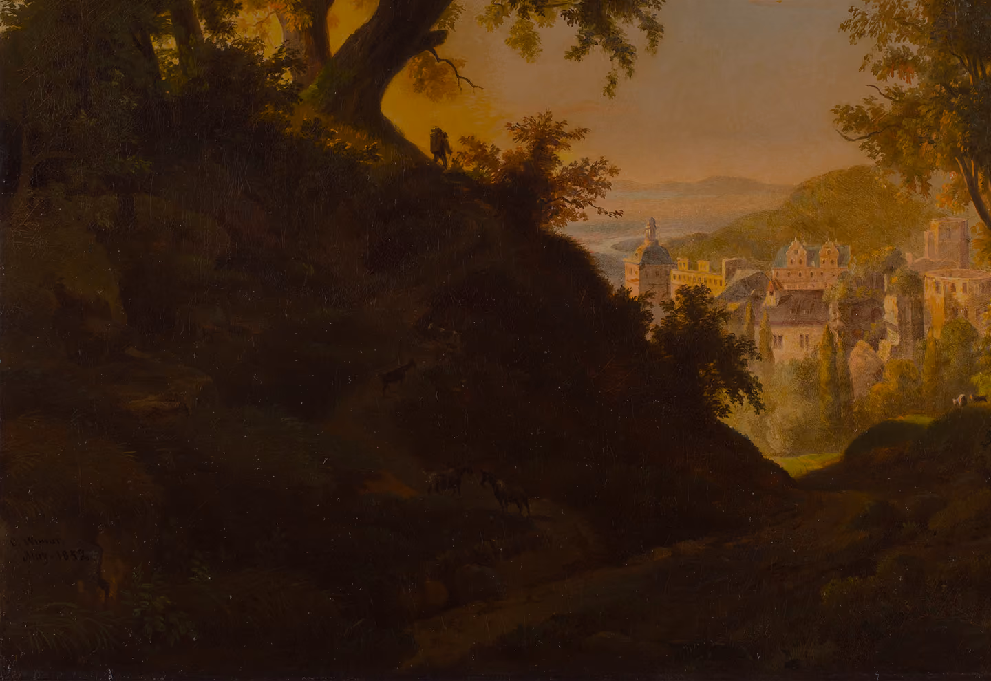 A landscape painting depicting a dark hill with a large tree on top, a small figure standing near the tree, and a distant view of a quaint village with classic buildings under a warm, soft sky.