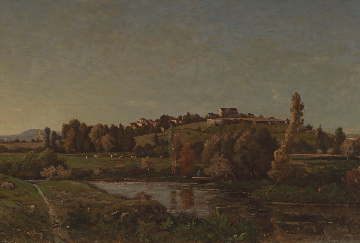 A serene landscape painting showing a reflective pond in the foreground, grassy fields with scattered bushes and trees, and a small hill topped with houses and a chapel-like building under a cloudy sky.