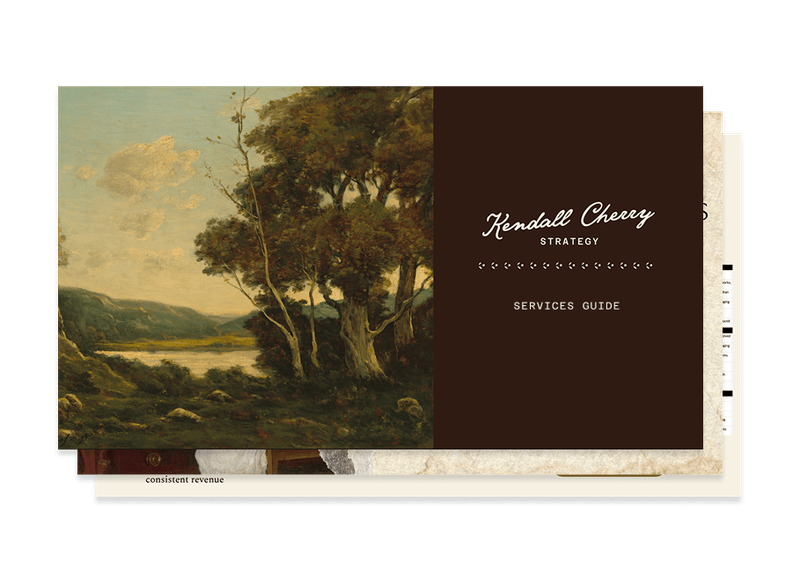 A brochure cover featuring a landscape painting of trees by a river or lake on the left, and a dark brown panel on the right with the text "Kendall Cherry STRATEGY SERVICES GUIDE" in white.