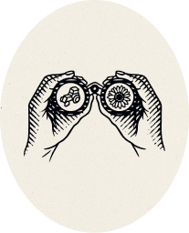 Illustration of two hands holding binoculars with one lens showing a small group of people and the other lens a detailed flower pattern.