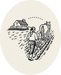 Illustration of a farmer walking behind a horse plowing a field, with a farmhouse in the background.
