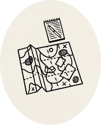 Black line drawing of a folded map marked with location pins and dotted paths beside a notepad with a pencil, on a textured beige oval background.