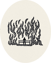 Black stylized flames rising above and around a small rectangular object with three vertical elements on a light textured background.