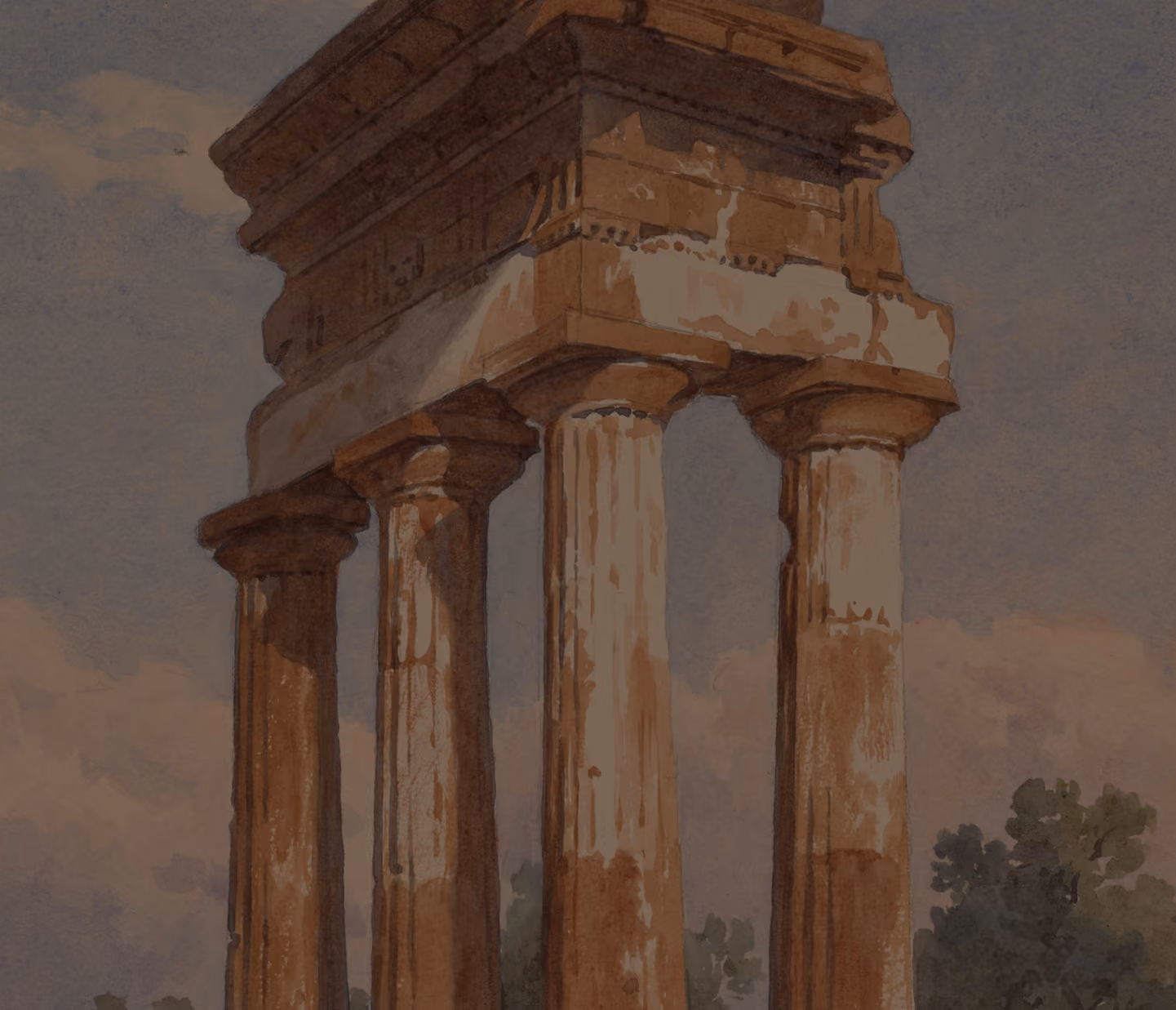 Four ancient stone columns with a partially preserved entablature against a cloudy sky background and some trees visible below.