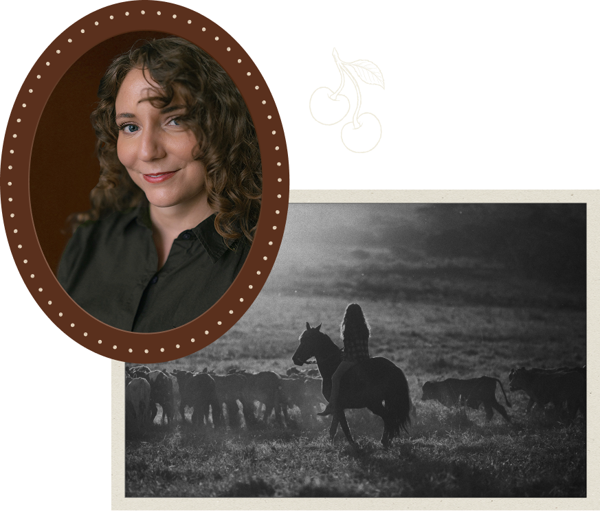 Photo collage with a colored portrait of a woman with curly hair in a dark shirt framed by a brown oval with dots, alongside a sepia-toned image of a person riding a horse herding cattle in a misty field at dawn or dusk.