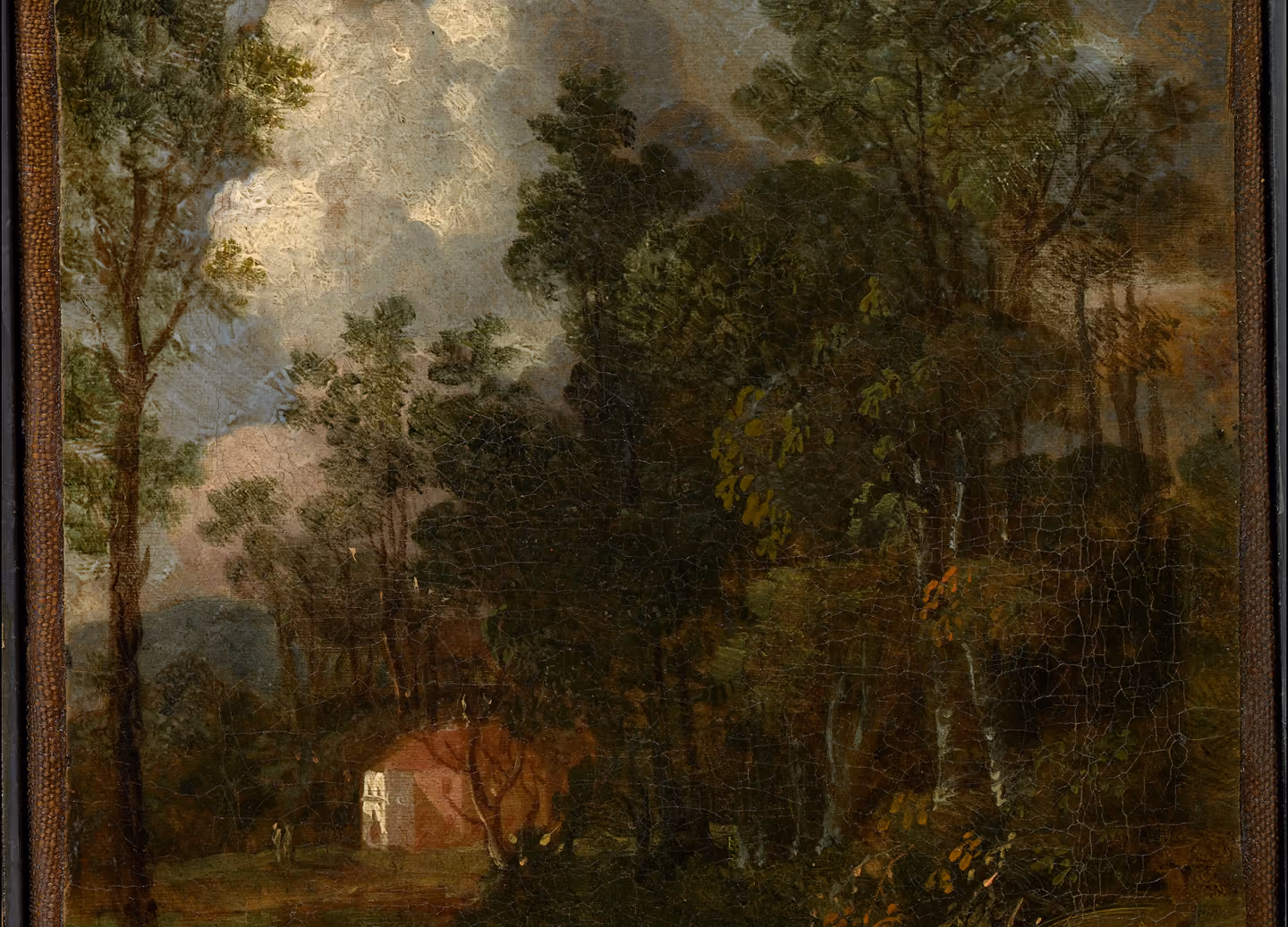 Painting of a forest scene with tall trees surrounding a small red-roofed house under a cloudy sky.
