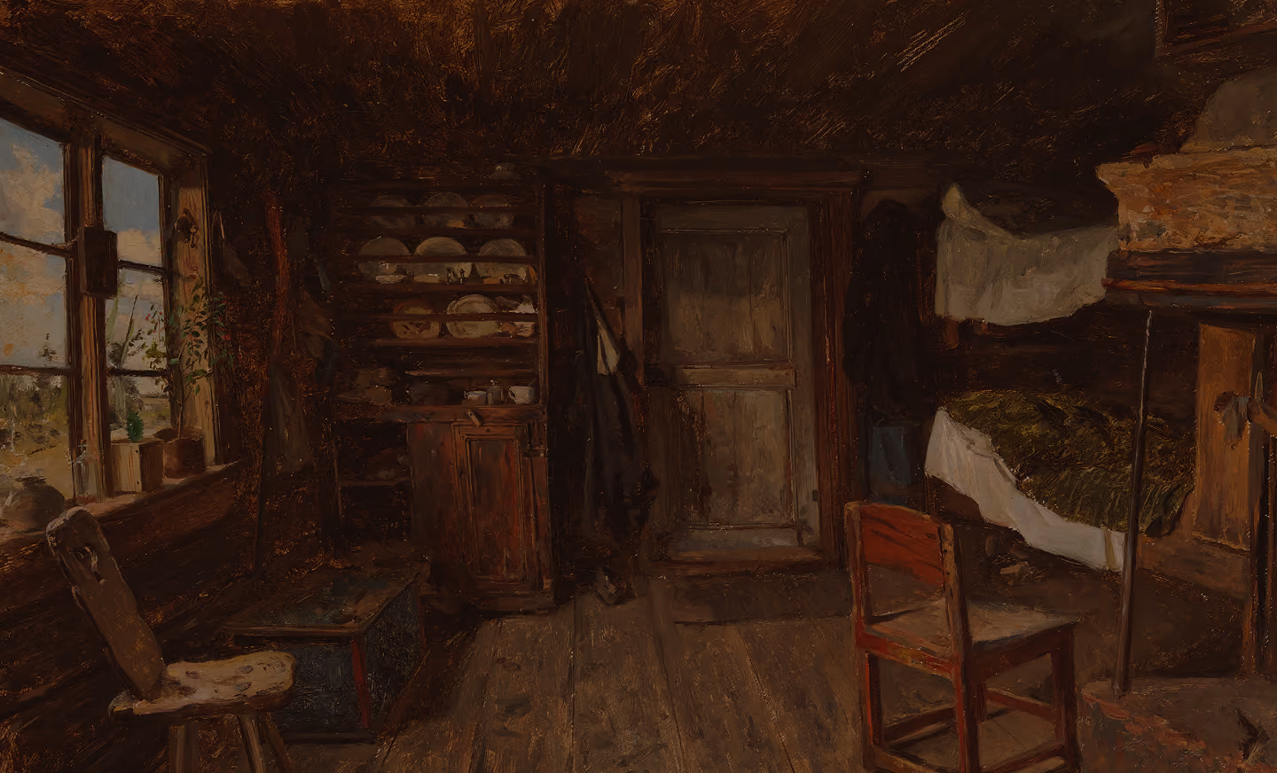 Interior of a rustic wooden cabin room with rough wood walls and floor, a window with pots on the sill, a chair, a cabinet filled with dishes, coats hanging near a wooden door, and a bunk bed with straw bedding.