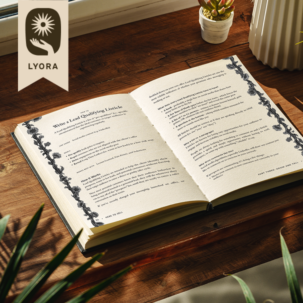 Open book on a wooden desk with text titled 'Write a Lead Qualifying Listicle,' decorated with floral borders, sunlight casting shadows, and a plant nearby. The Lyora logo with a sun above a hand is visible in the top left corner.
