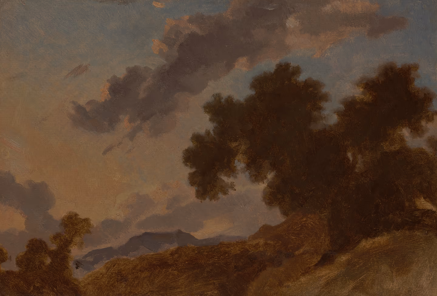 A landscape painting of a sky with scattered clouds above dark green trees and hills with muted earthy tones.