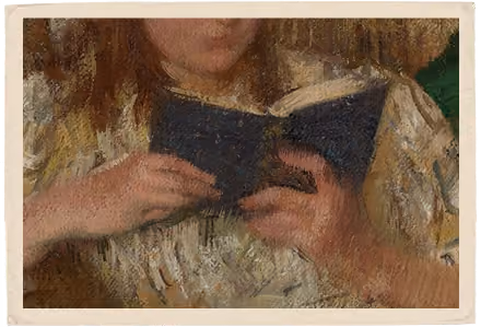 Close-up of a painting depicting a person reading a small dark blue book, focusing on their hands and the book, with the face partially visible.