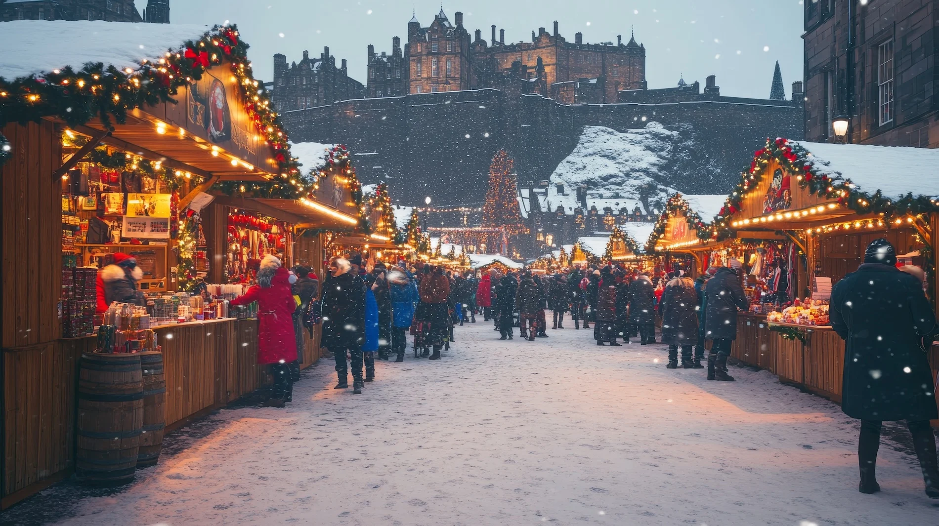 Edinburgh Christmas market with castle backdrop and festive wooden stalls in snow