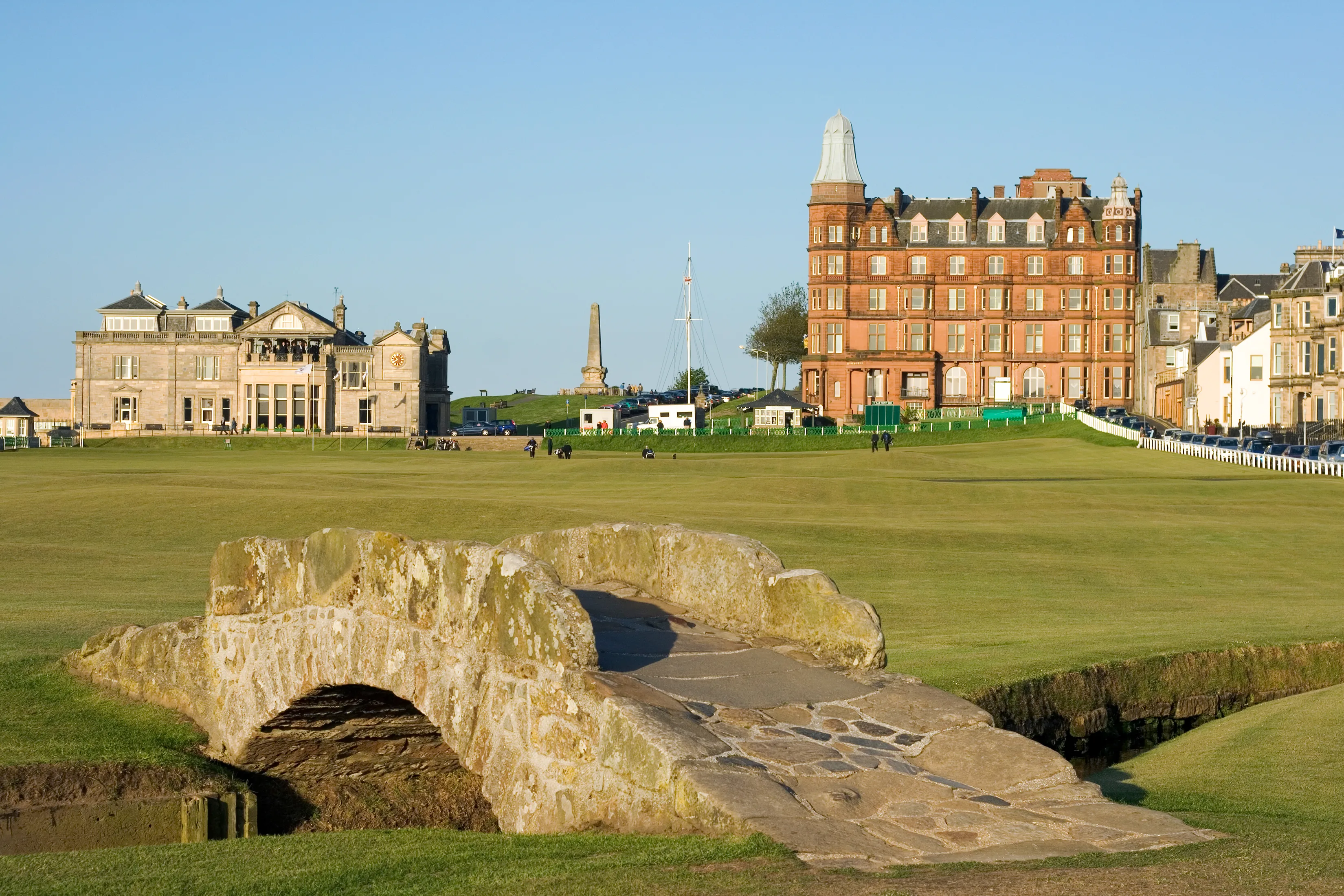 Historic stone bridge and buildings at St Andrews Golf Course, Scotland