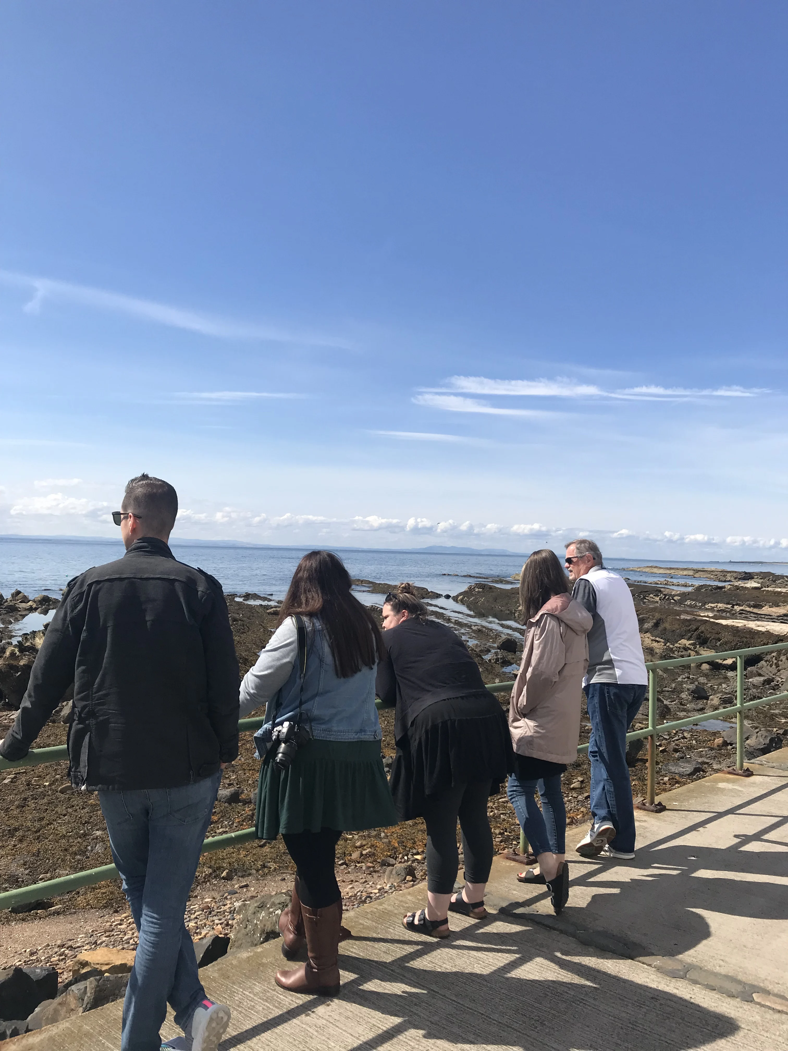 Tour group viewing Scottish coastal landscape with rocky shoreline and blue sky
