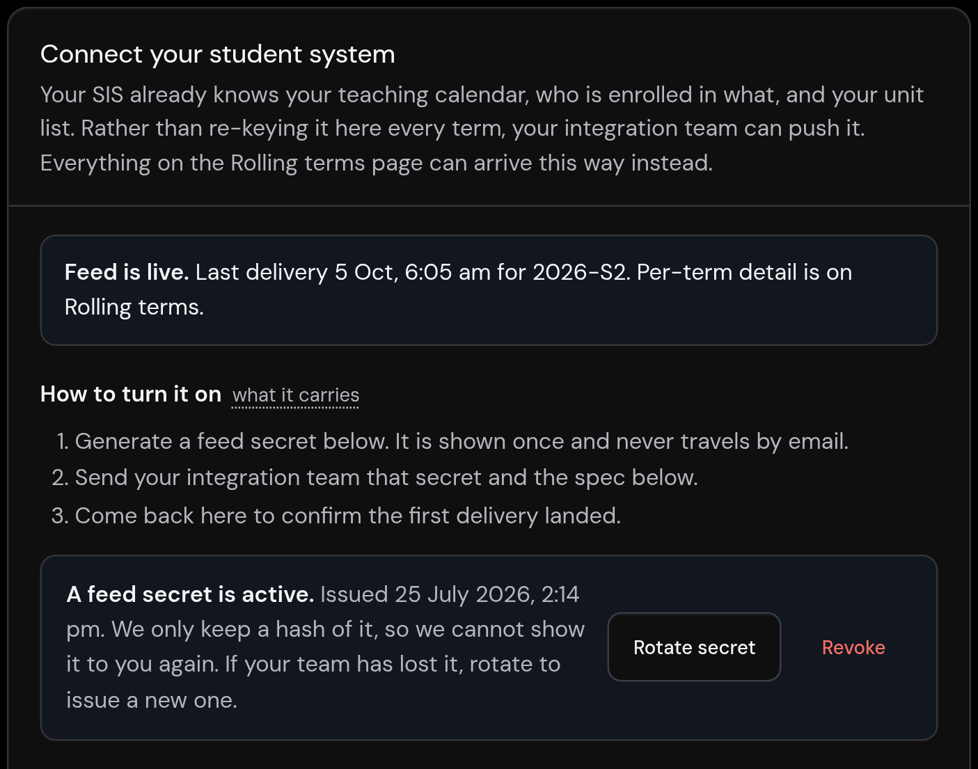 Integrations settings showing a live student-system feed, so First Six sits alongside your SIS.