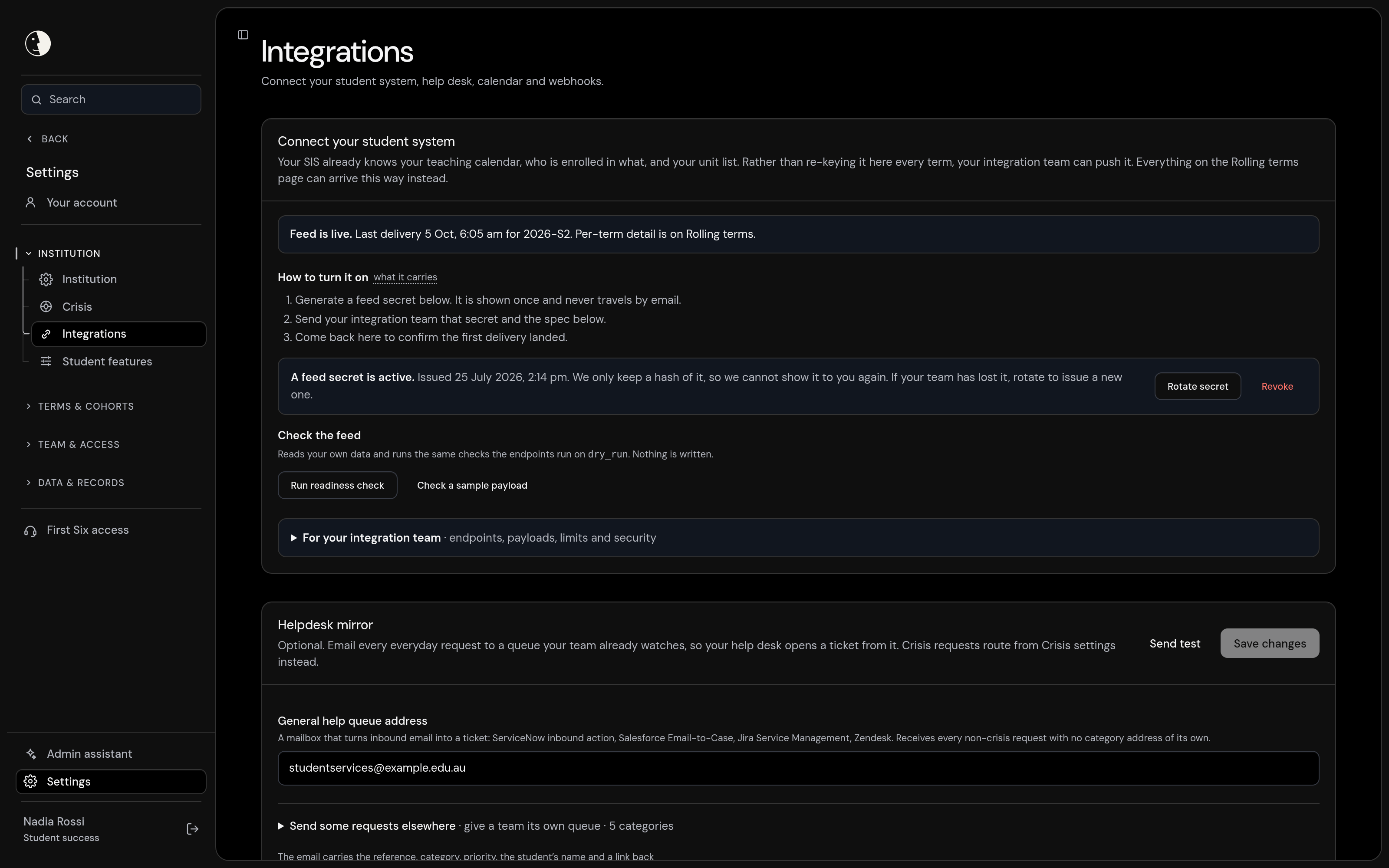 Integrations settings showing a live student-system feed, so First Six sits alongside your SIS.