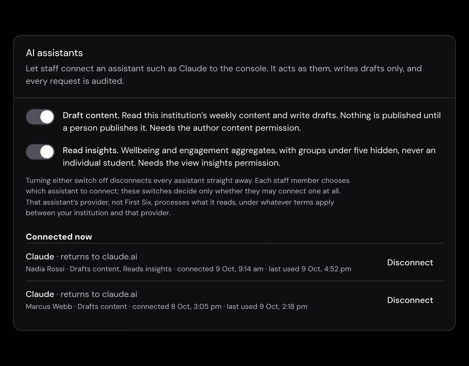 The AI assistants settings panel, with the Draft content and Read insights switches turned on and two Claude connections listed, each with a Disconnect button. Shown with invented data; not yet available to institutions.