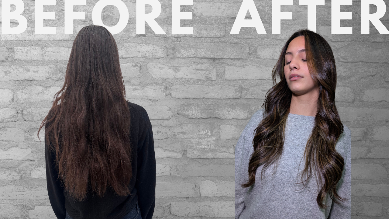 before and after shot of balayage hair