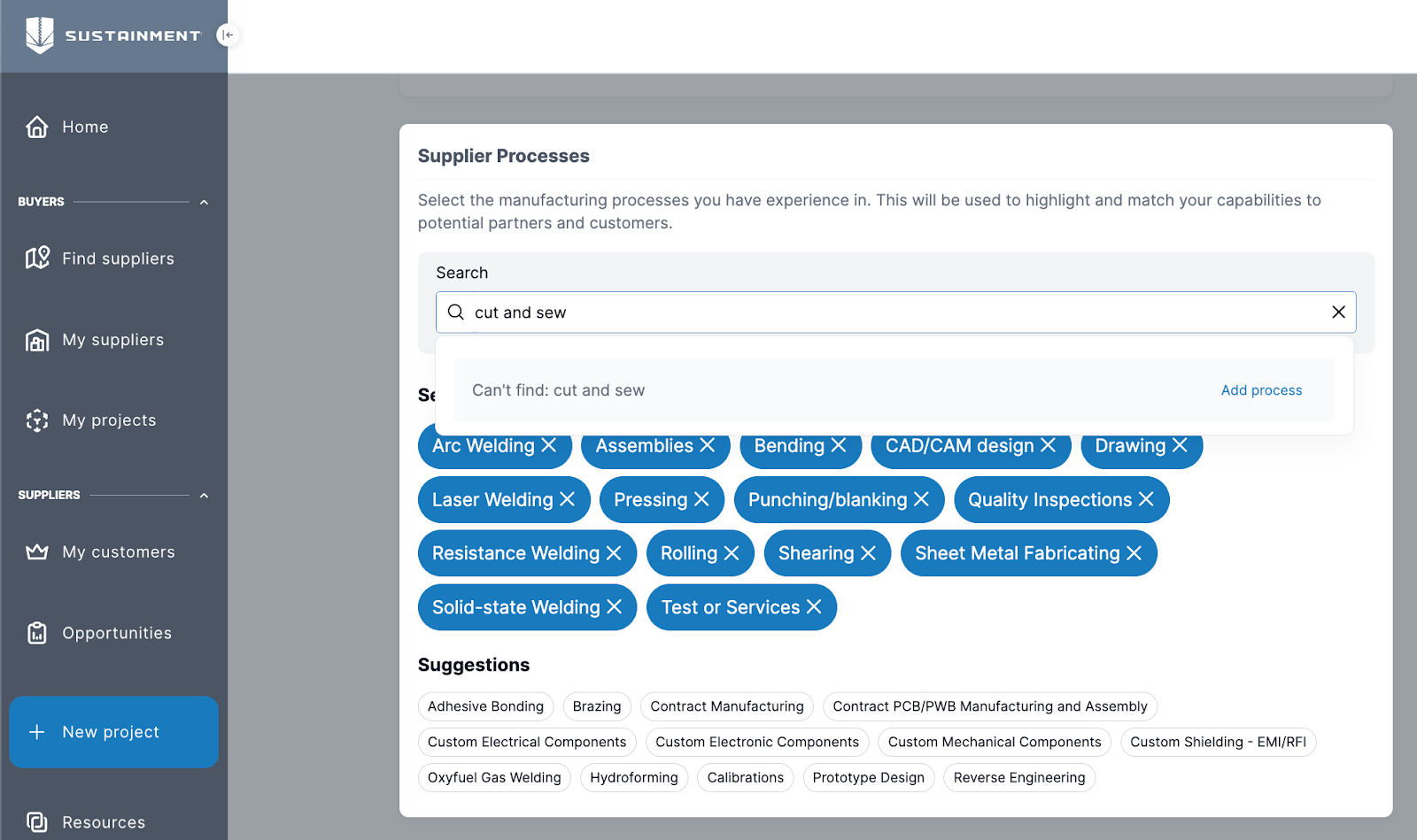 Screenshot of the new supplier process search field