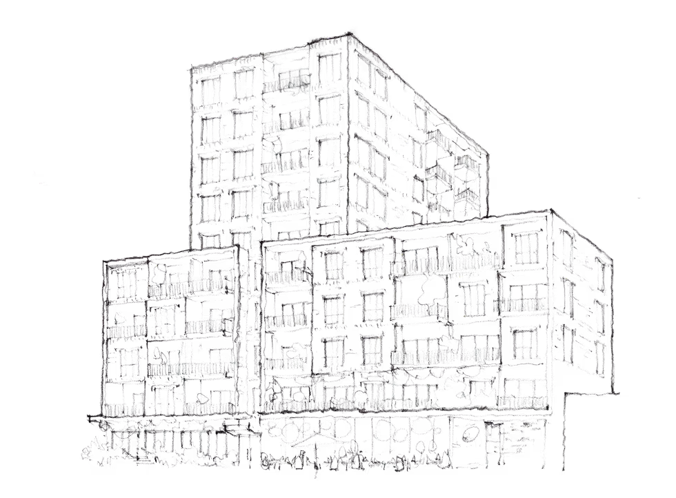 Architectural sketch of a multi-story residential building with balconies and detailed windows.