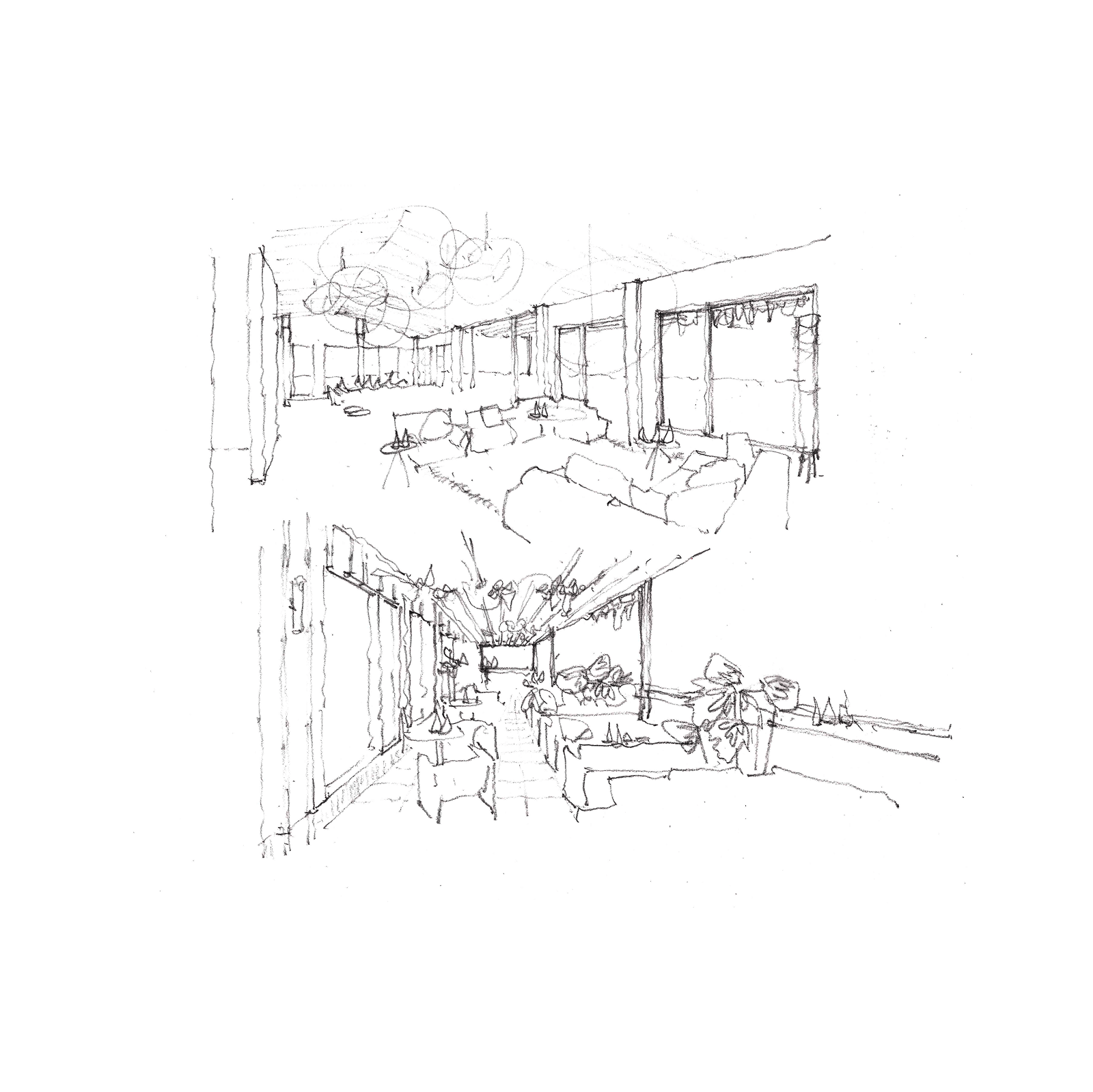 Two pencil sketches of modern interior lounges with furniture, plants, and large windows.