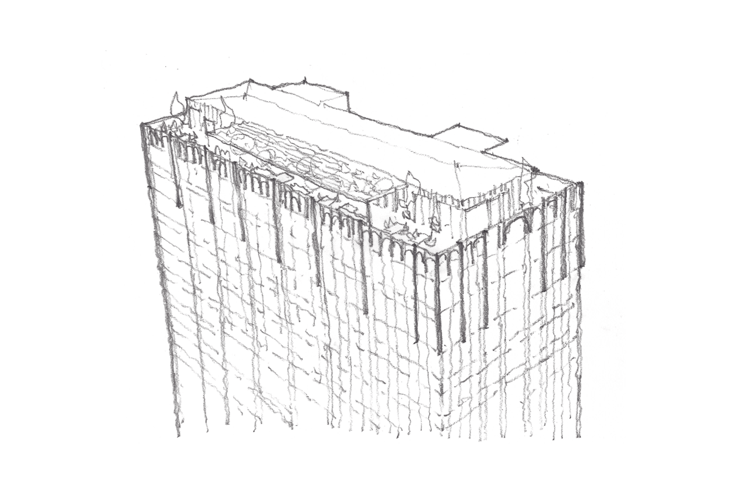 Pencil sketch of a tall rectangular building with vertical lines and an uneven rooftop.