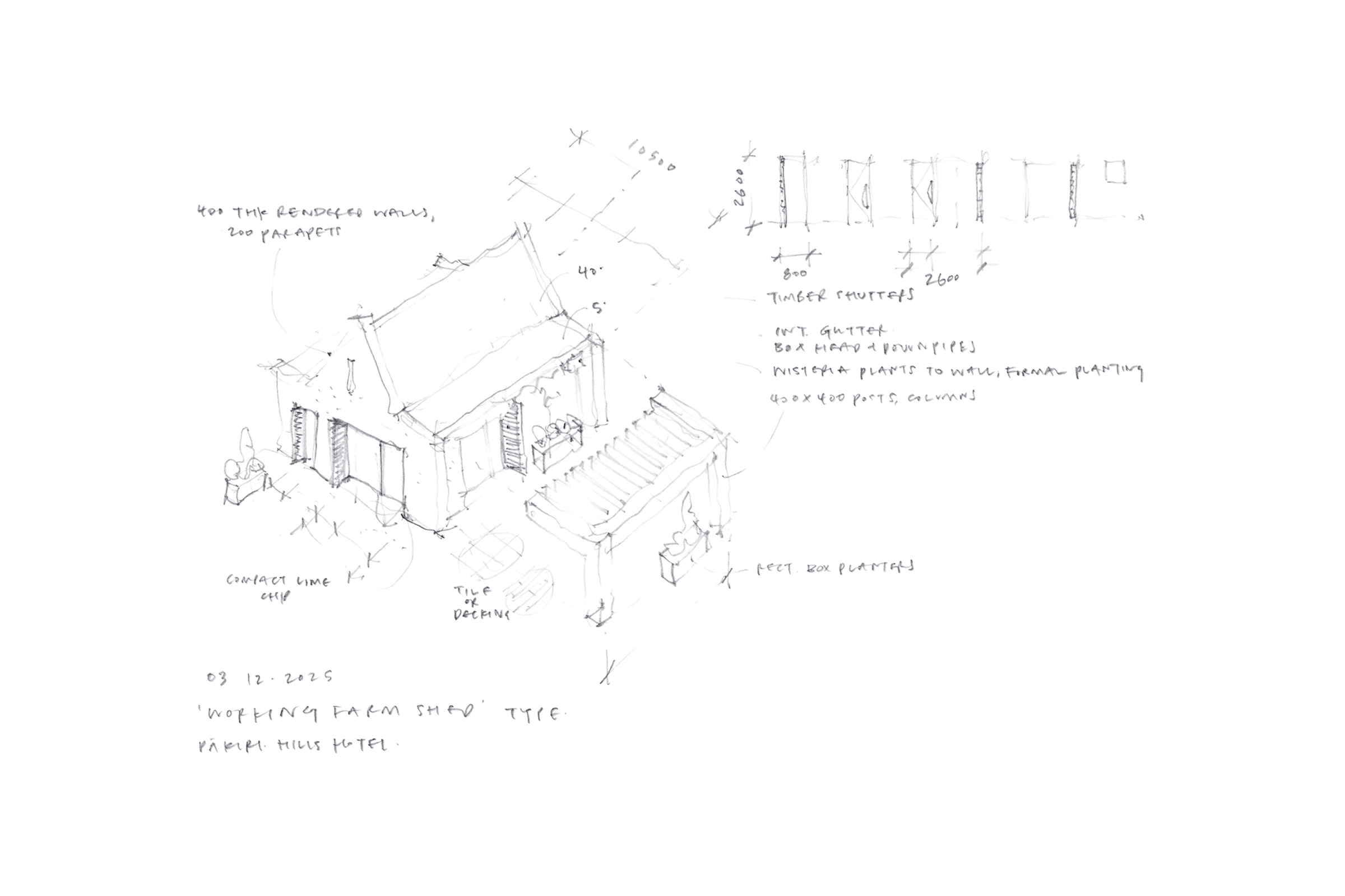 Hand-drawn architectural sketch of a farm shed with pergola, plants, and measurements noted.