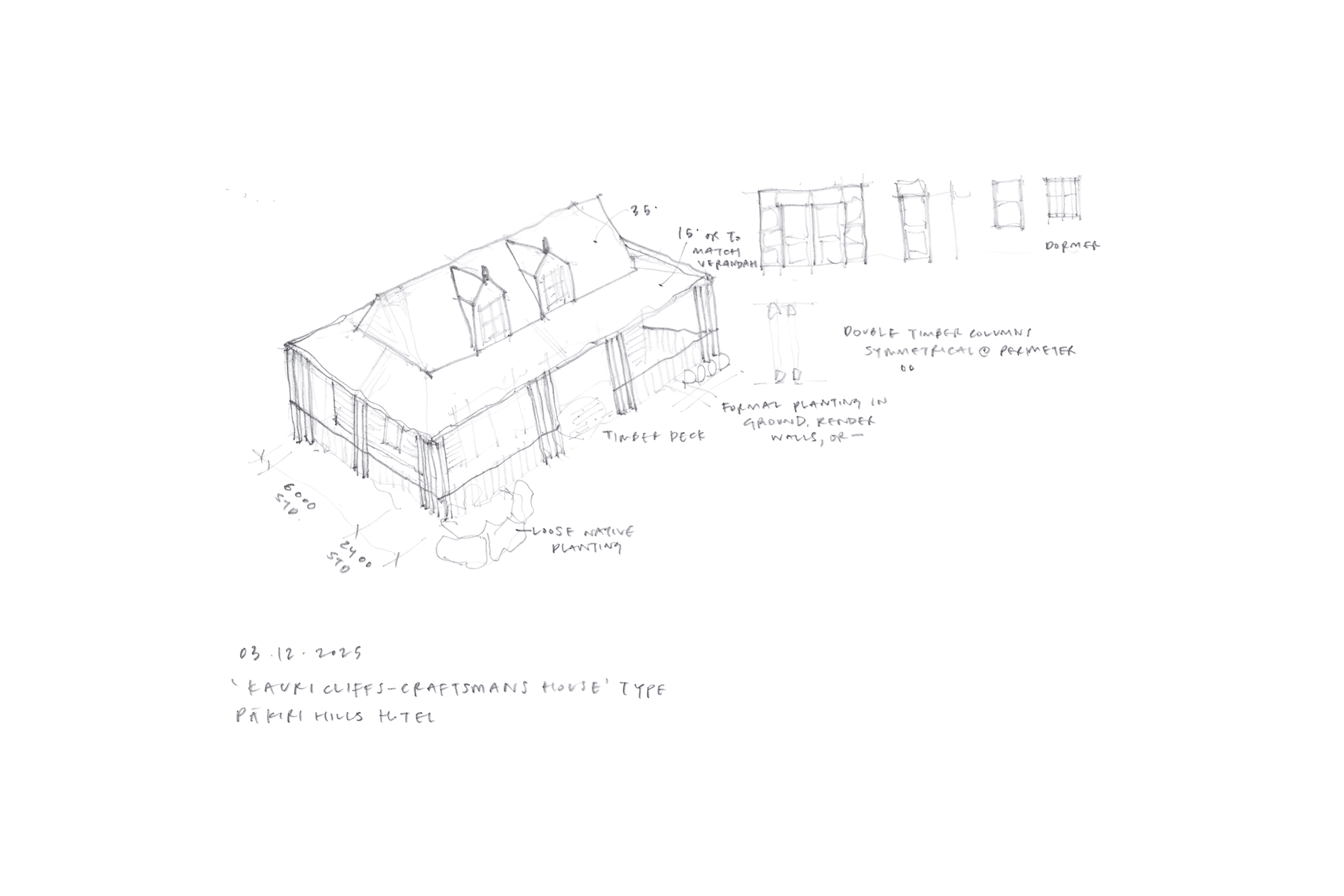 Hand-drawn architectural sketch of a craftsman style house with notes and window designs.