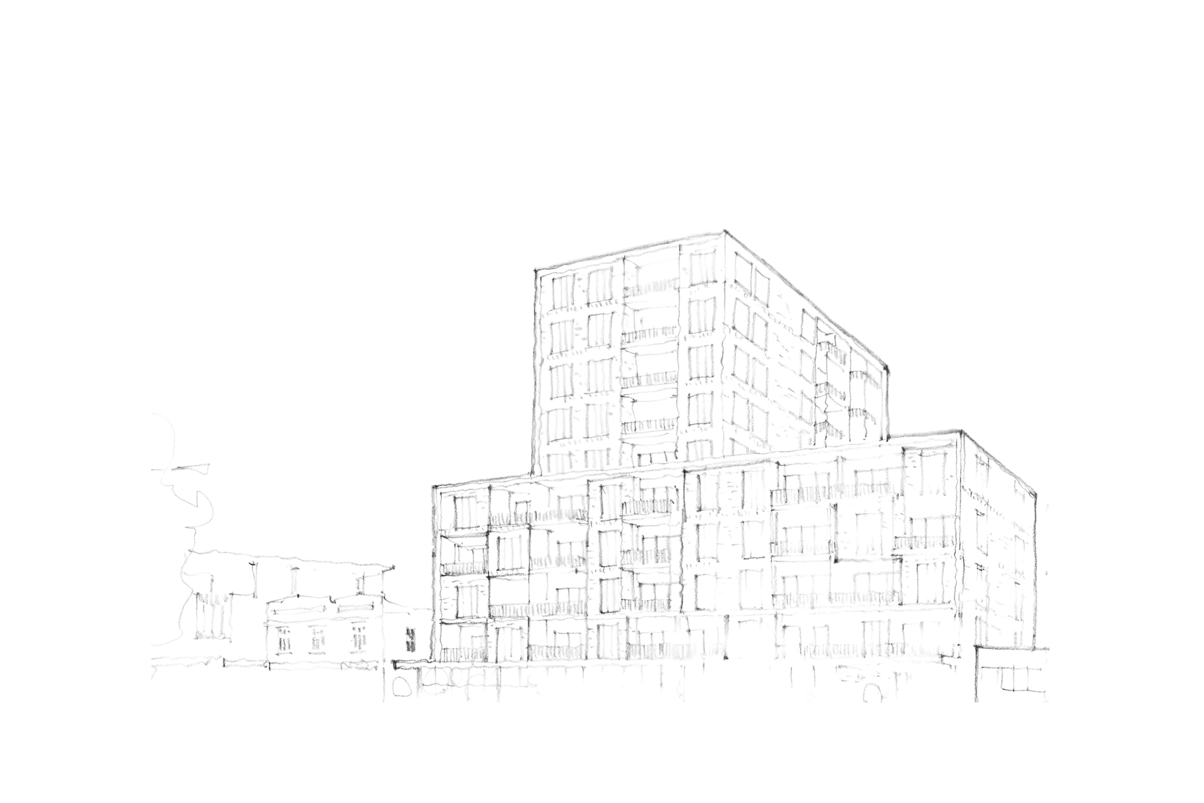 Sketch of a multi-story residential building with balconies and windows.