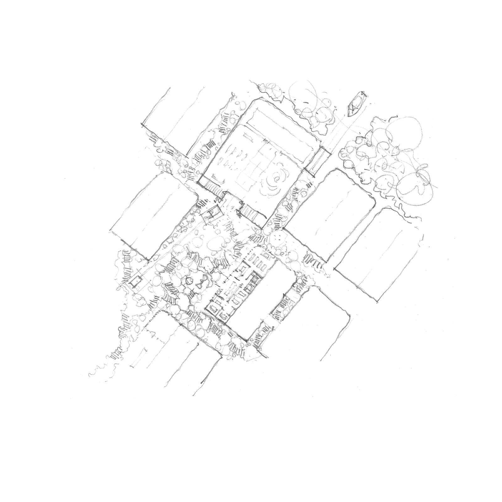 Hand-drawn floor plan sketch of a resort layout including buildings, pathways, and surrounding foliage.