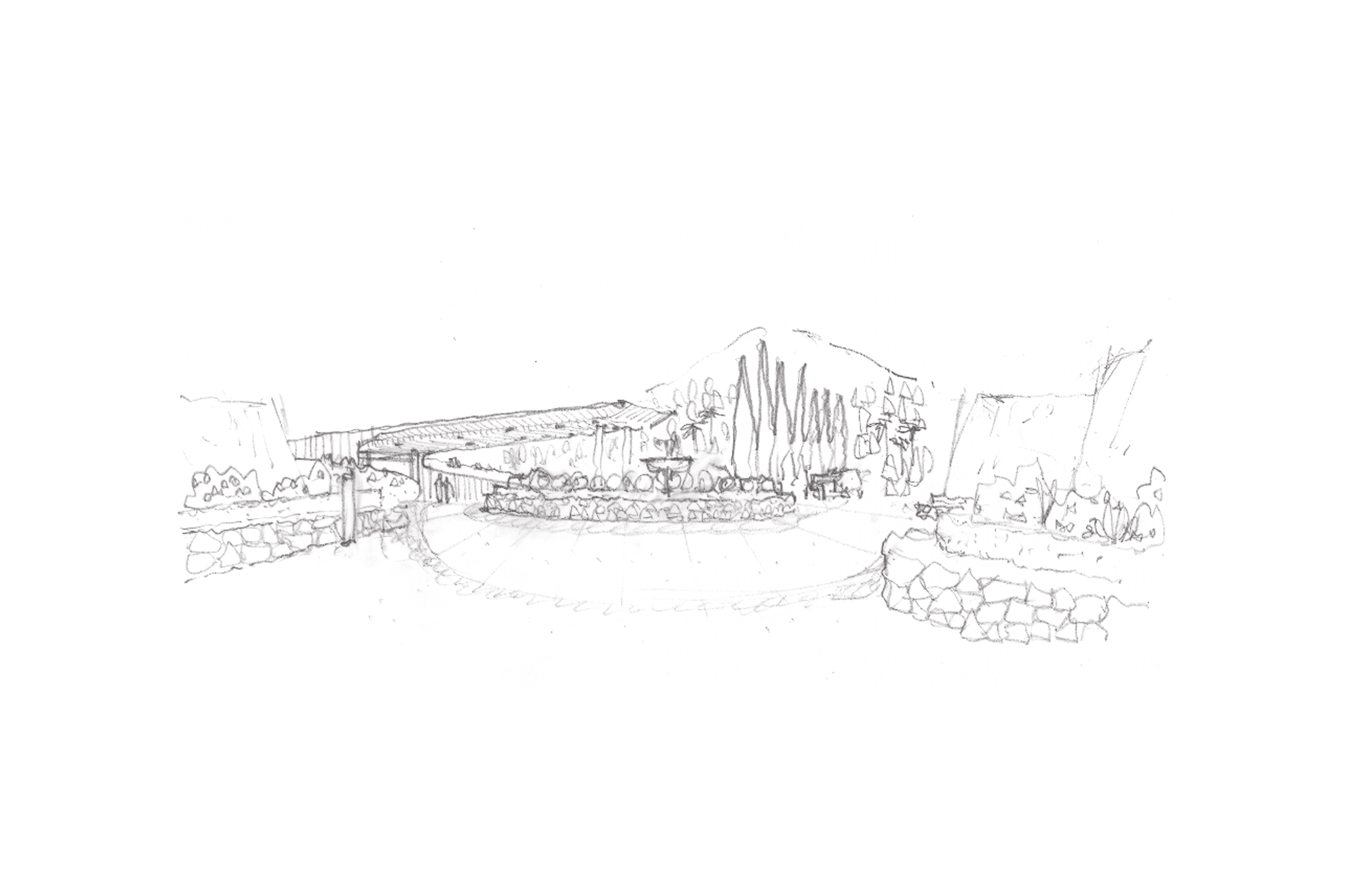 Pencil sketch of a circular driveway with a fountain and surrounding trees and plants.