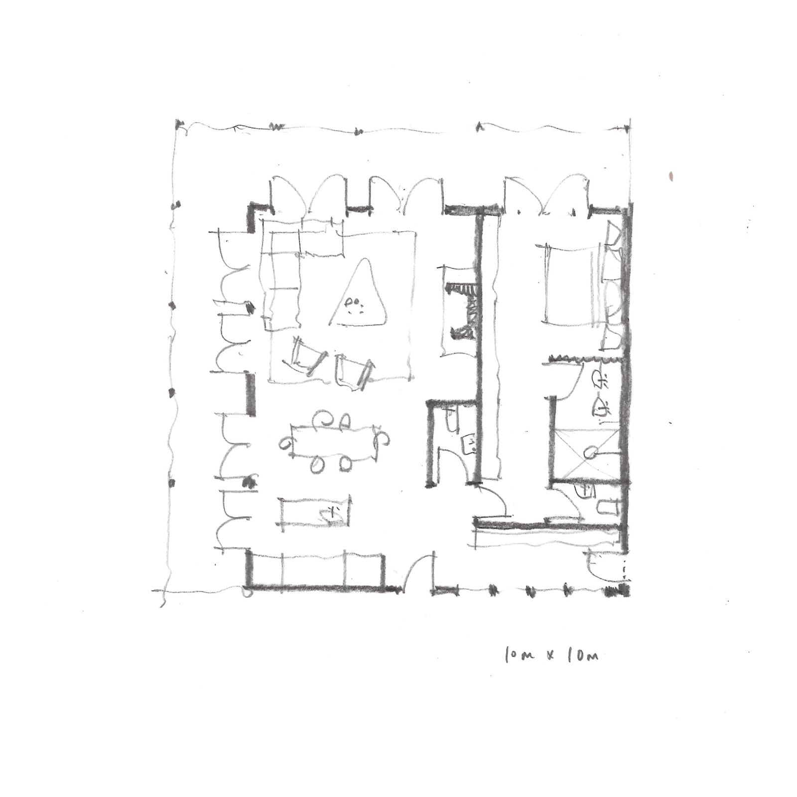 Hand-drawn floor plan sketch showing rooms, furniture layout, and dimensions labeled 10m by 10m.