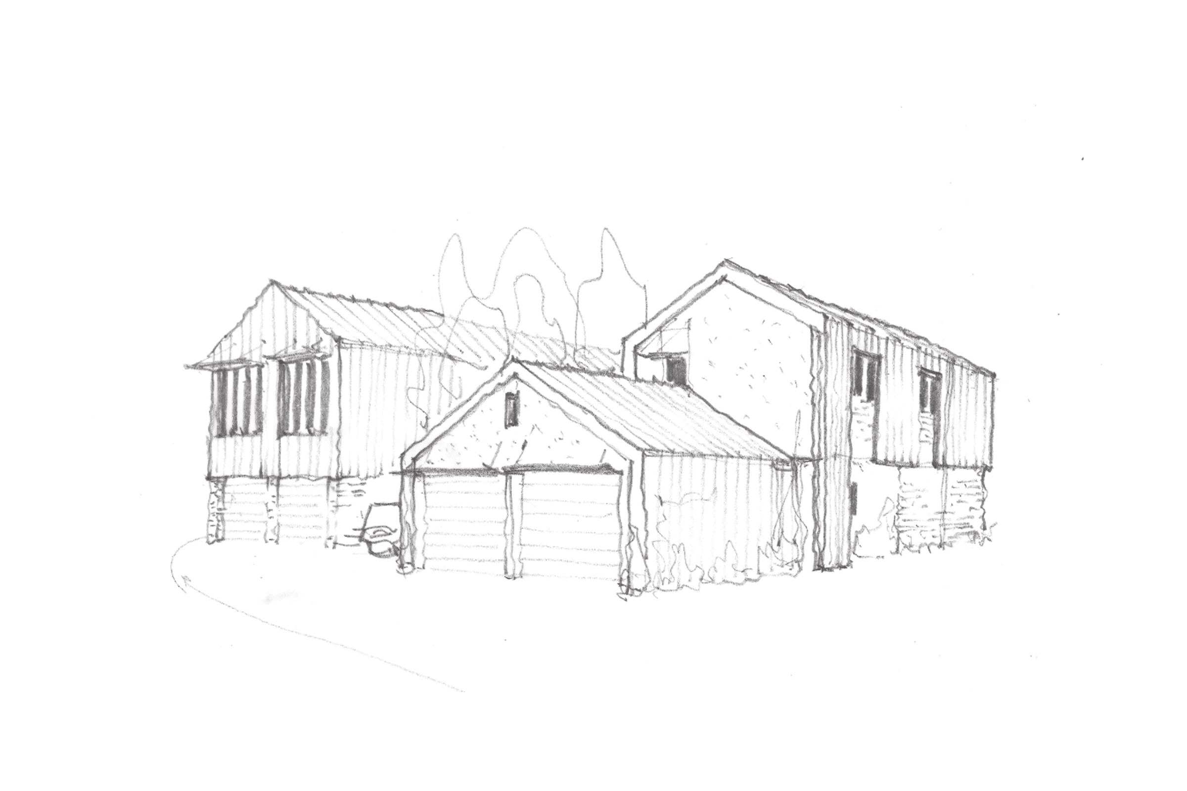 Pencil sketch of two connected two-story houses with sloped roofs and a double garage in front.