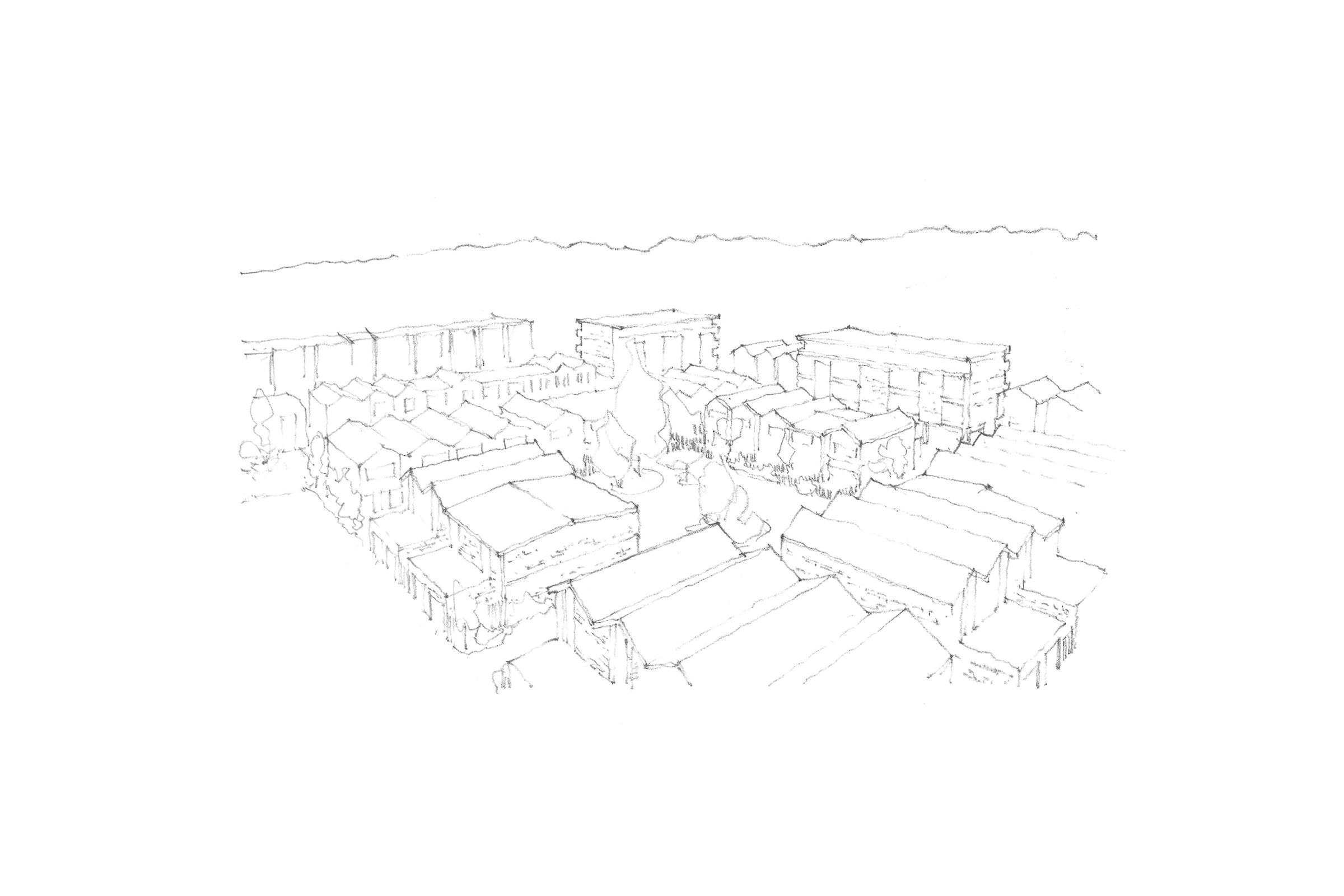 Pencil sketch of a residential area with multiple buildings and houses surrounding a central open space.