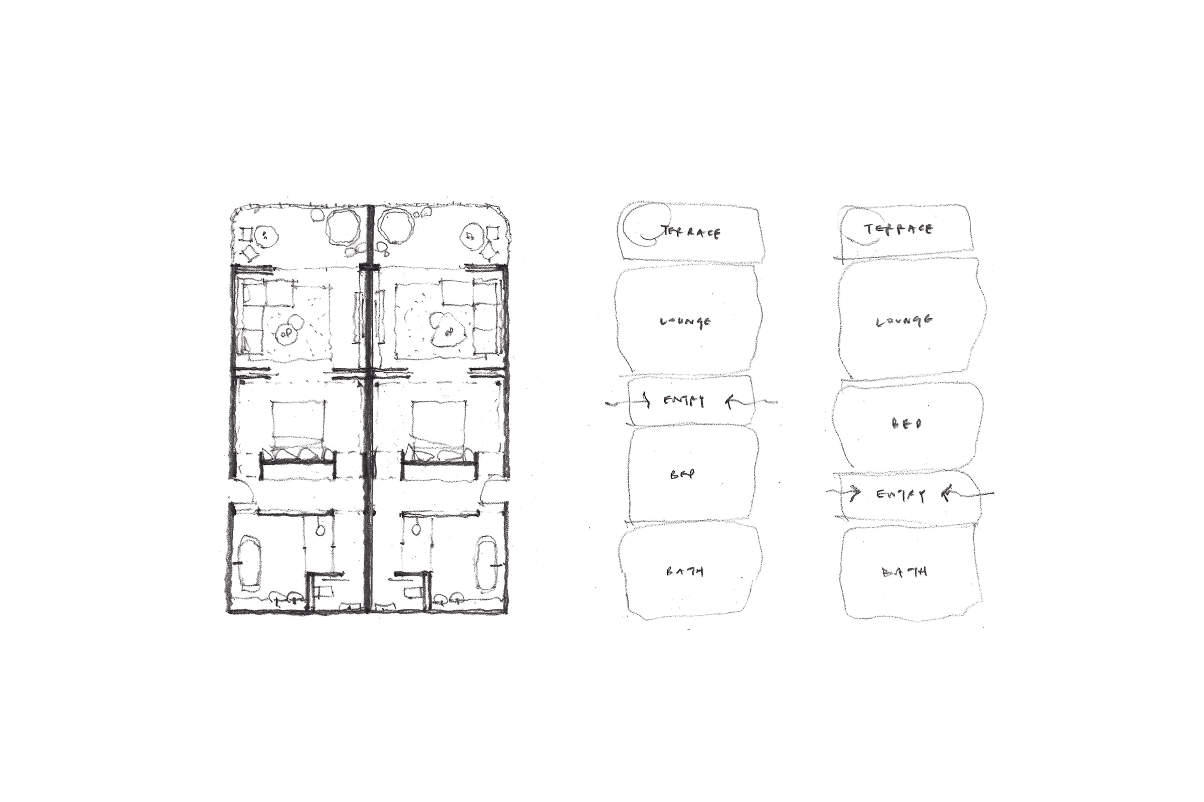 Hand-drawn floor plans showing two mirrored units with terrace, lounge, entry, bedroom, and bath areas.