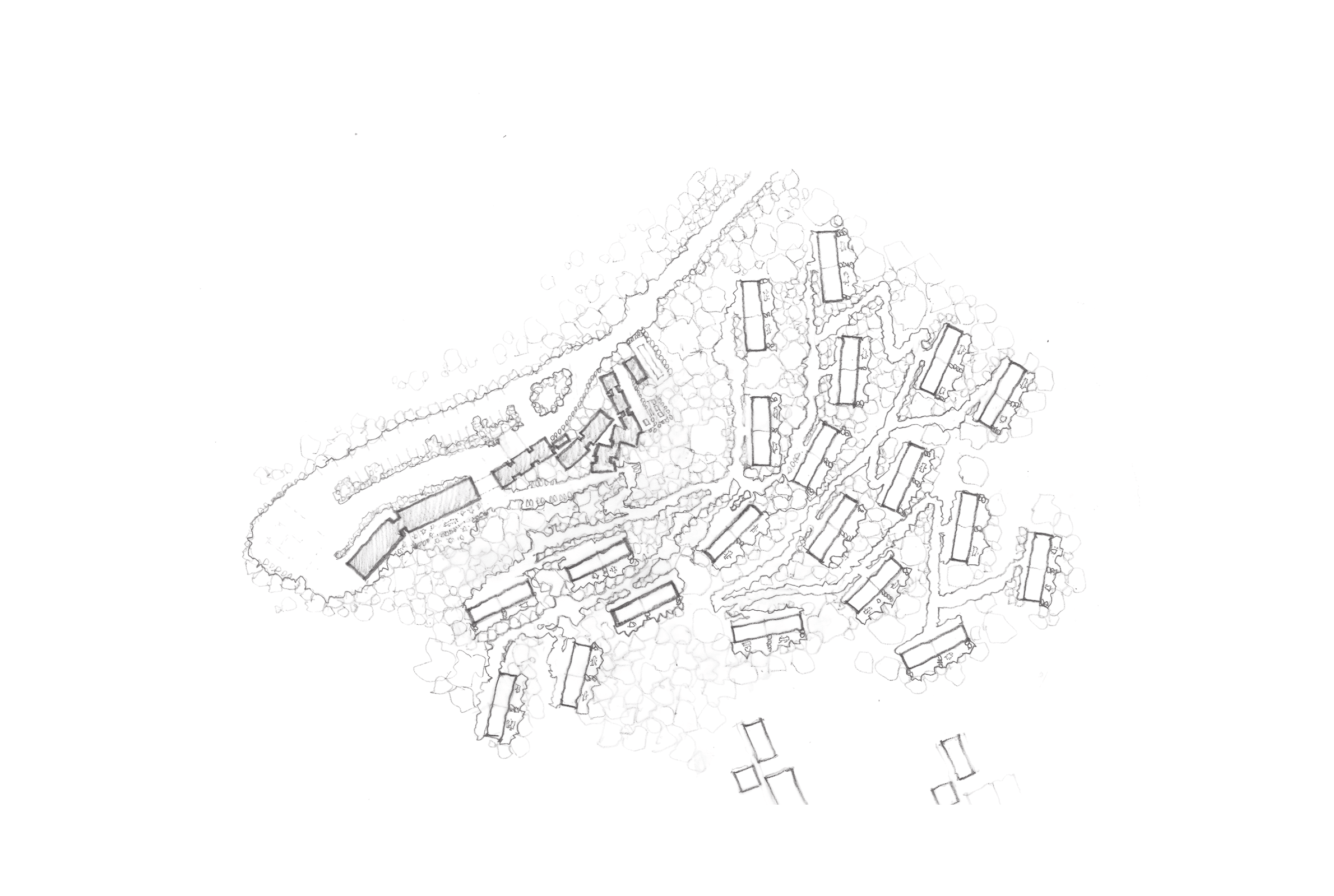 Architectural master plan showing building layouts and surrounding landscape in a resort design.