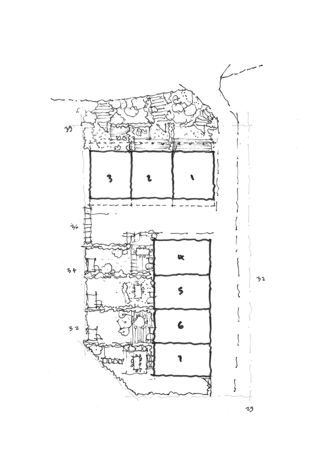 Hand-drawn site plan with numbered rectangular plots and garden-like areas around them.