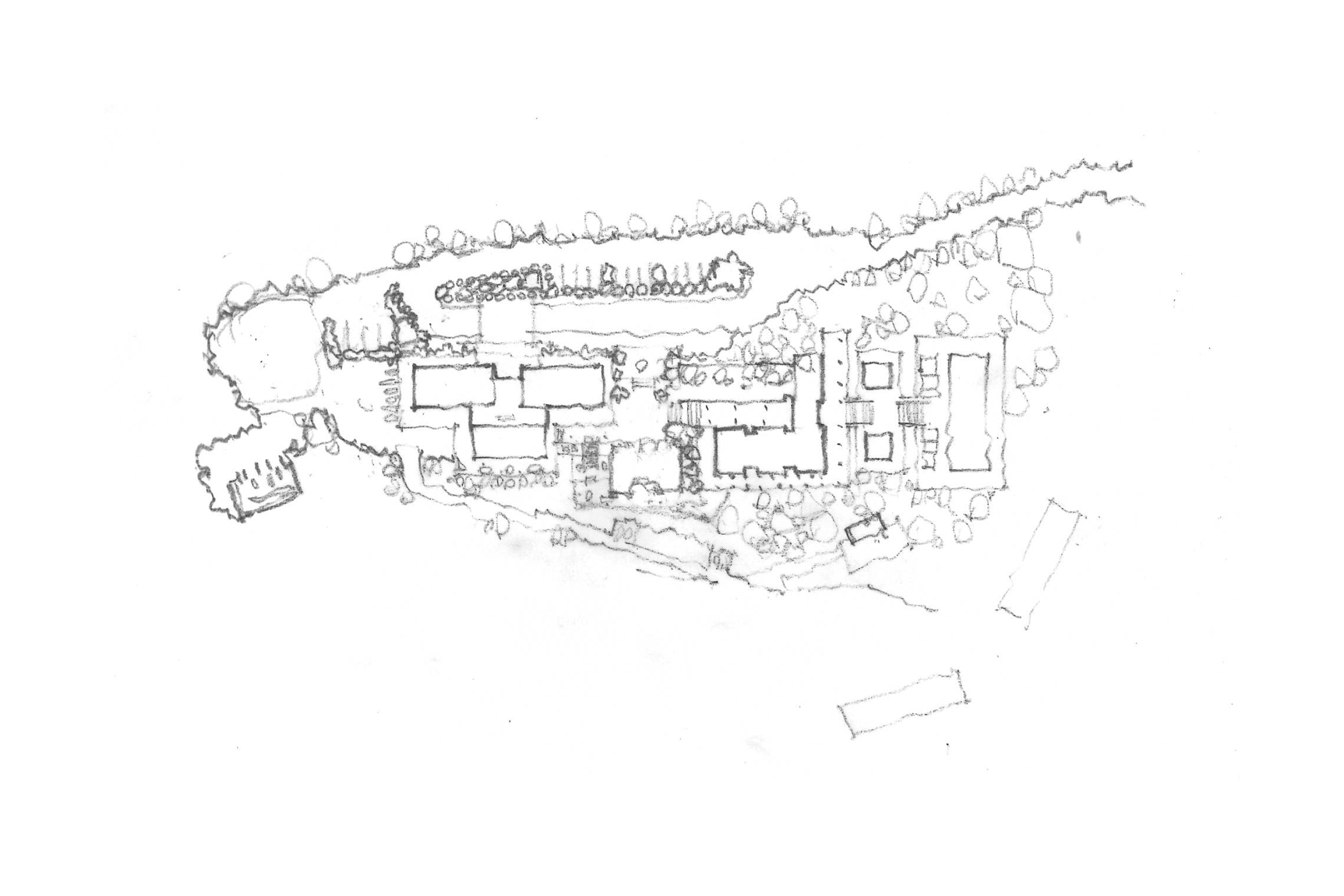 Pencil sketch of a site plan featuring buildings and surrounding trees in a linear arrangement.