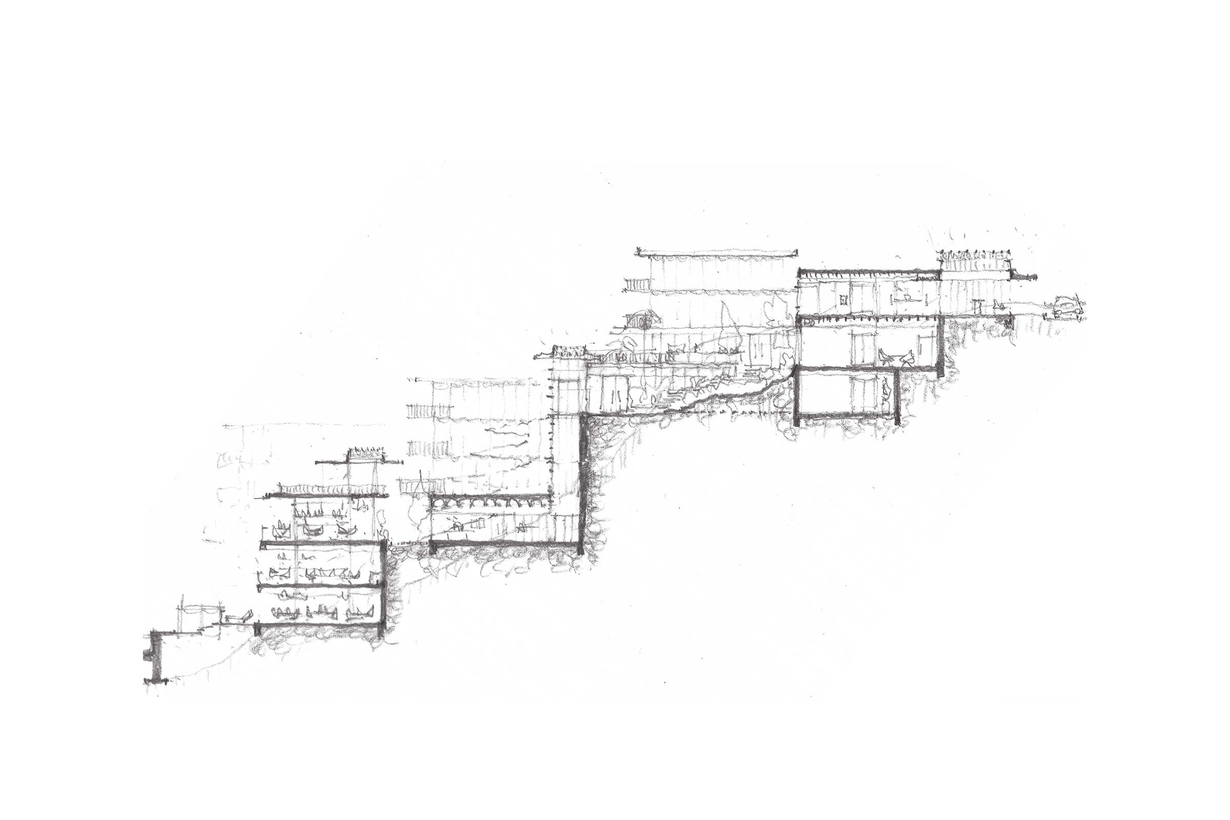 Hand-drawn architectural section sketch showing stepped building levels with interior spaces and exterior terrain.