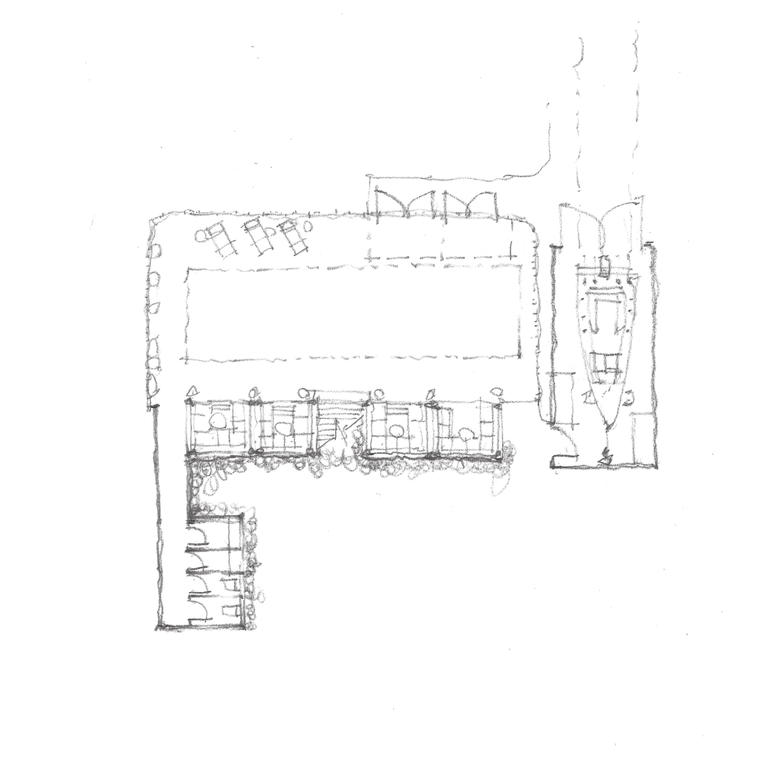 Hand-drawn floor plan sketch of an L-shaped building with rooms, outdoor seating, and a docked boat.