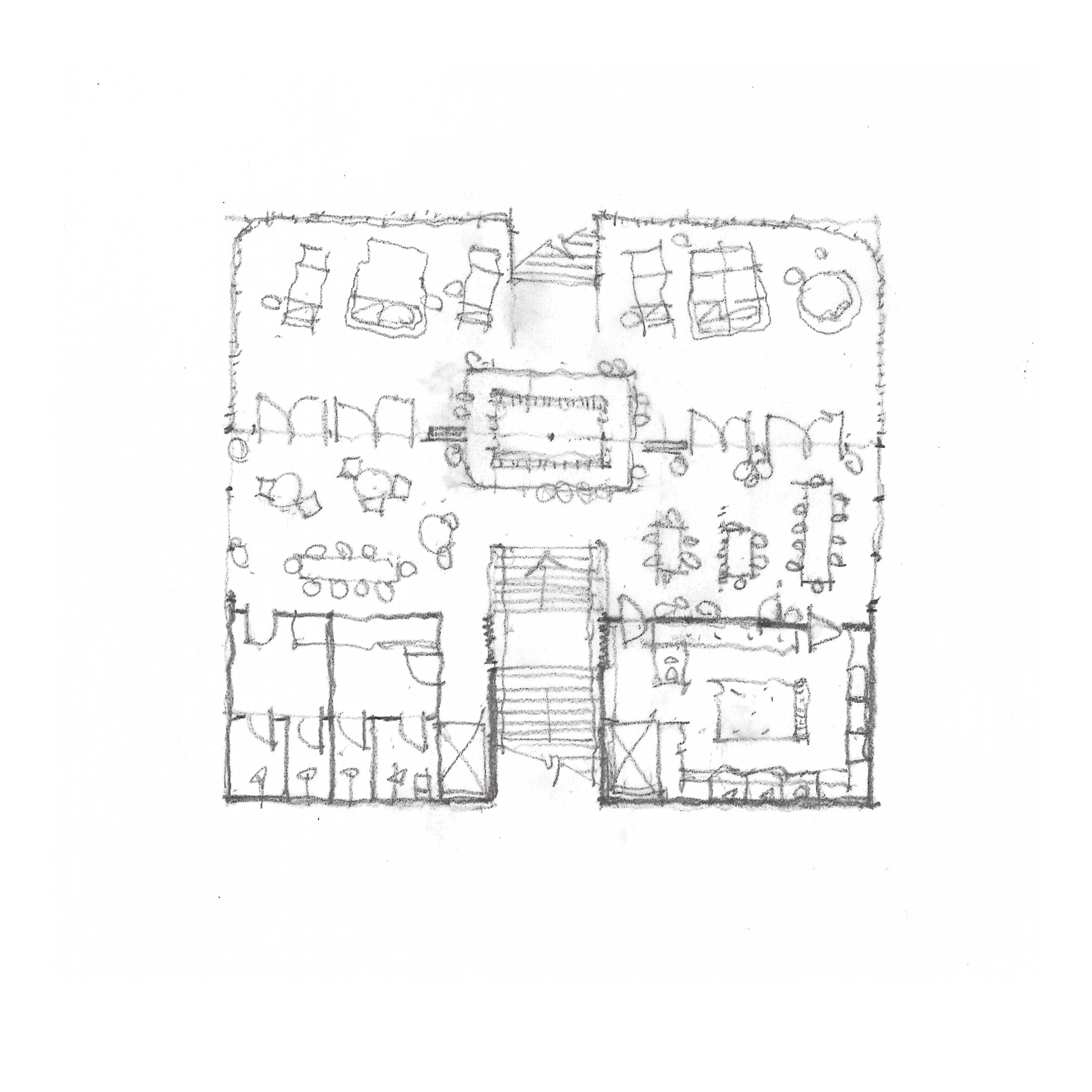 Hand-drawn sketch of a building floor plan with multiple rooms, tables, and seating areas.