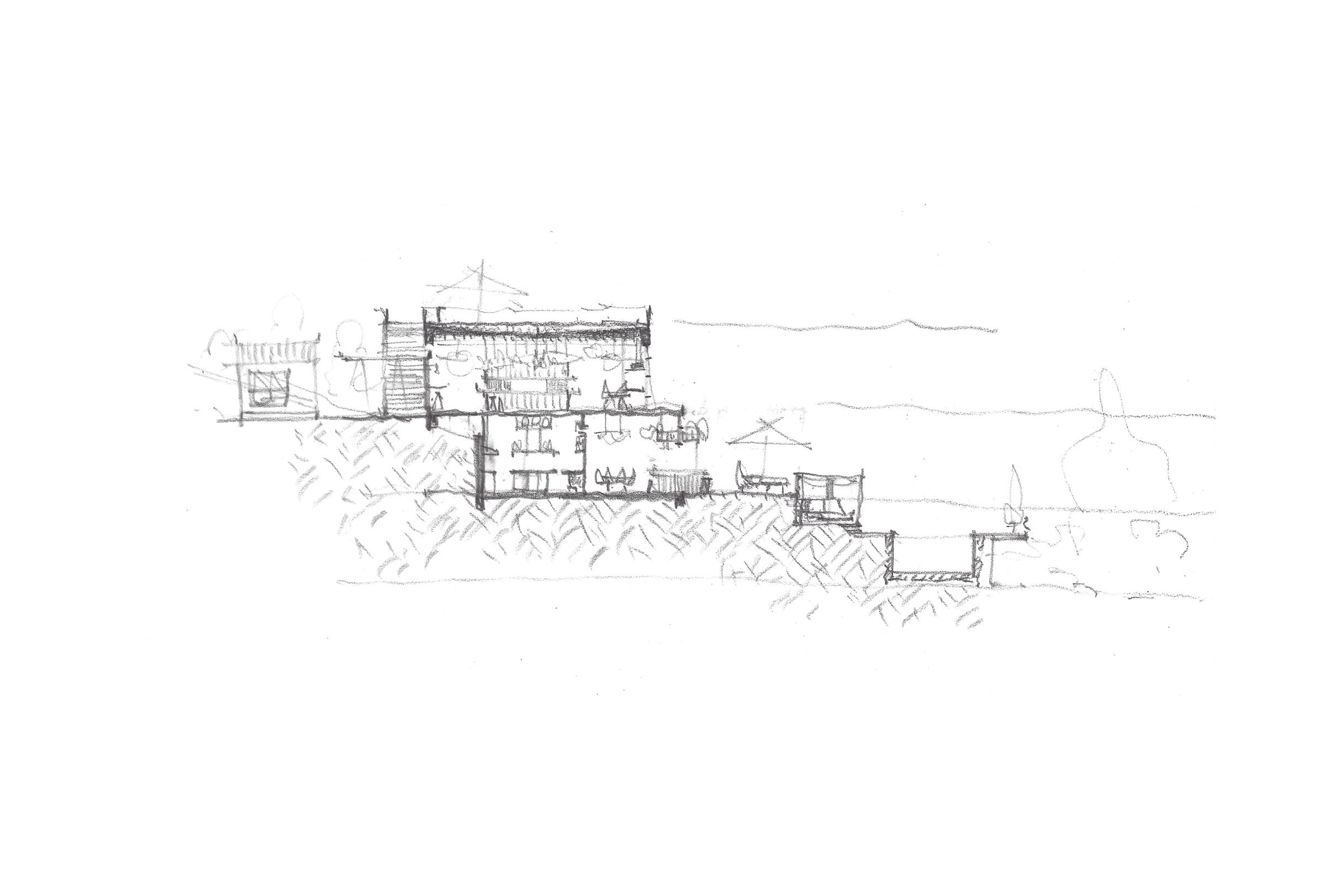 Architectural pencil sketch showing a layered building cross-section on a sloped terrain.